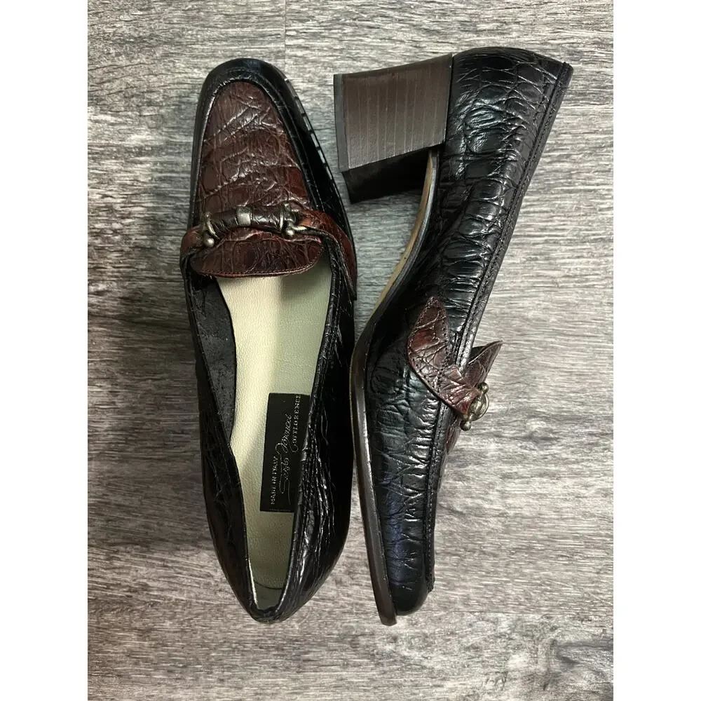 Womens Size 8N Sesto Meucci of Florence Brown Leather Croc-Embossed Slim Loafers